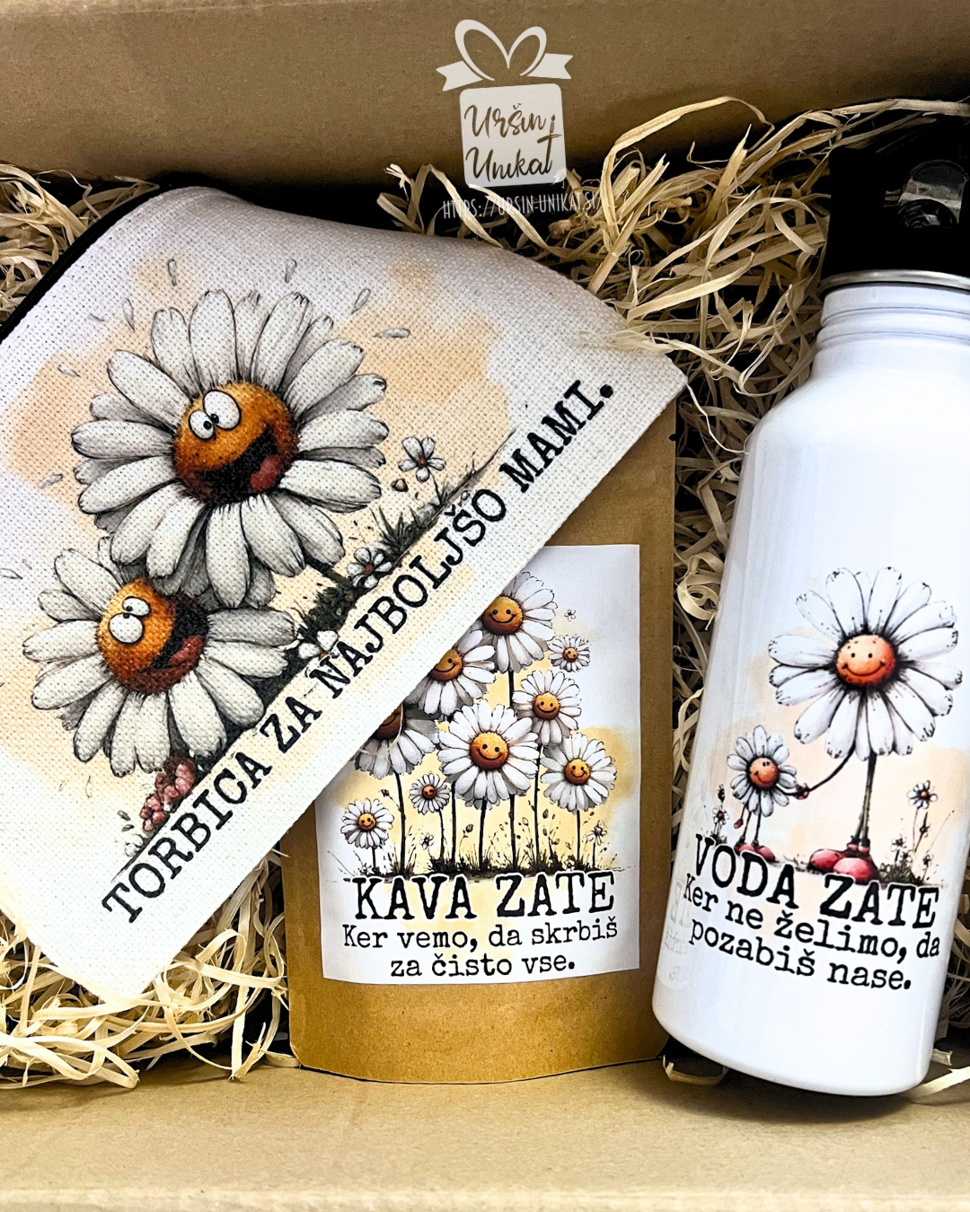 Darilni komplet - materinski dan - Toaletna torbica, kava in flaška v darilnem pakiranju