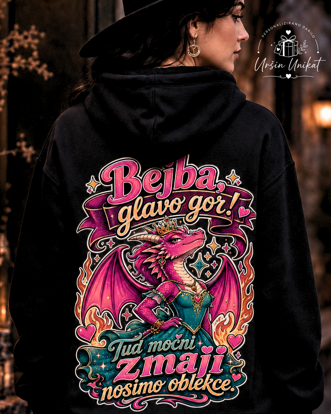 Majica ali hoodie - “Bejba, glavo gor” - močni zmaji - tisk zadaj