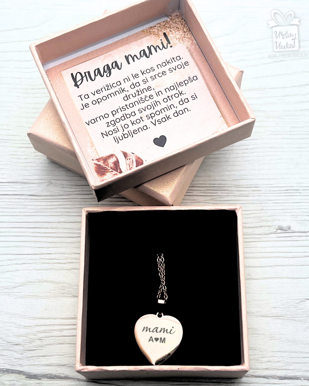 Verižica “Draga mami” - rose gold srček z inicialkami otrok