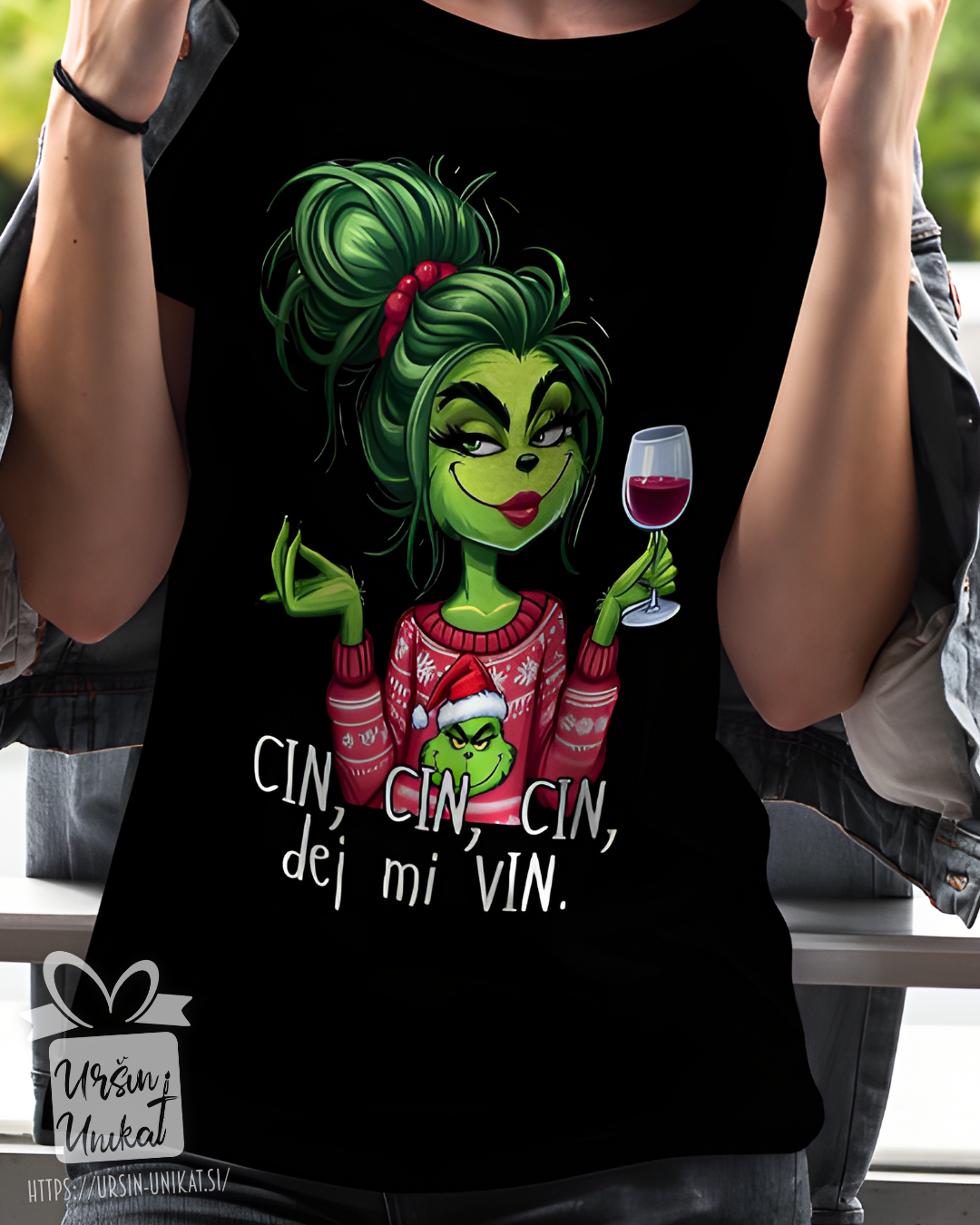 Bombažna majica " grinch - Cin, cin, cin, dej mi vin’" (črna majica)