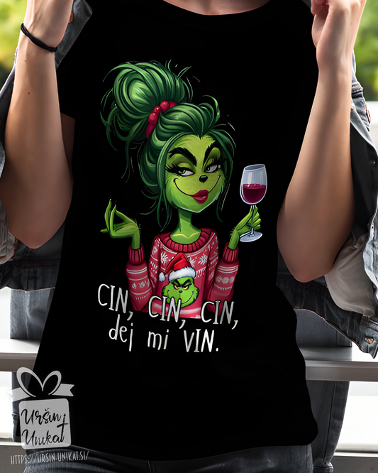 Bombažna majica " grinch - Cin, cin, cin, dej mi vin’" (črna majica)