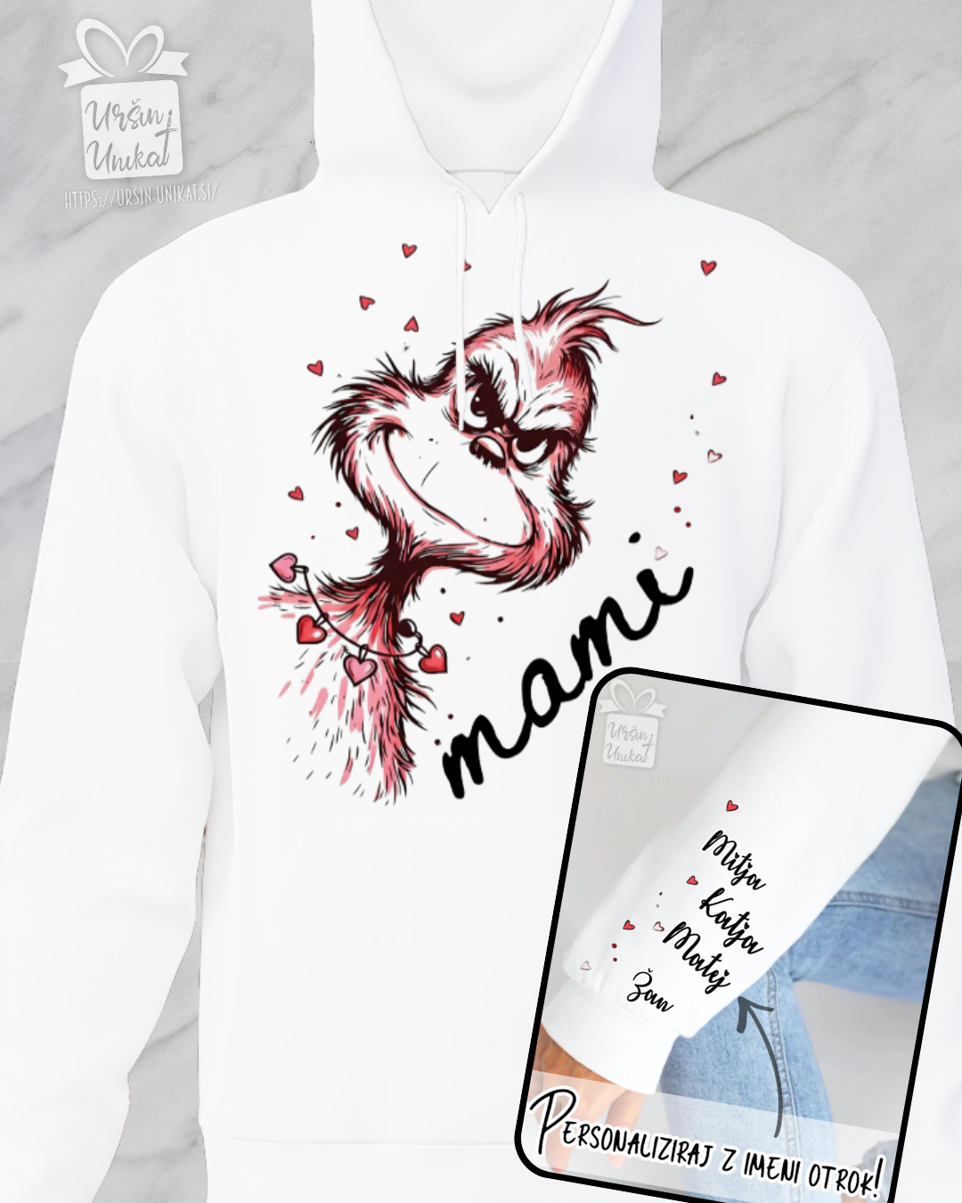 GRINCH MAMI PULOVER Z IMENI OTROK HOODIE DARILO ZA VALENTINOVO
