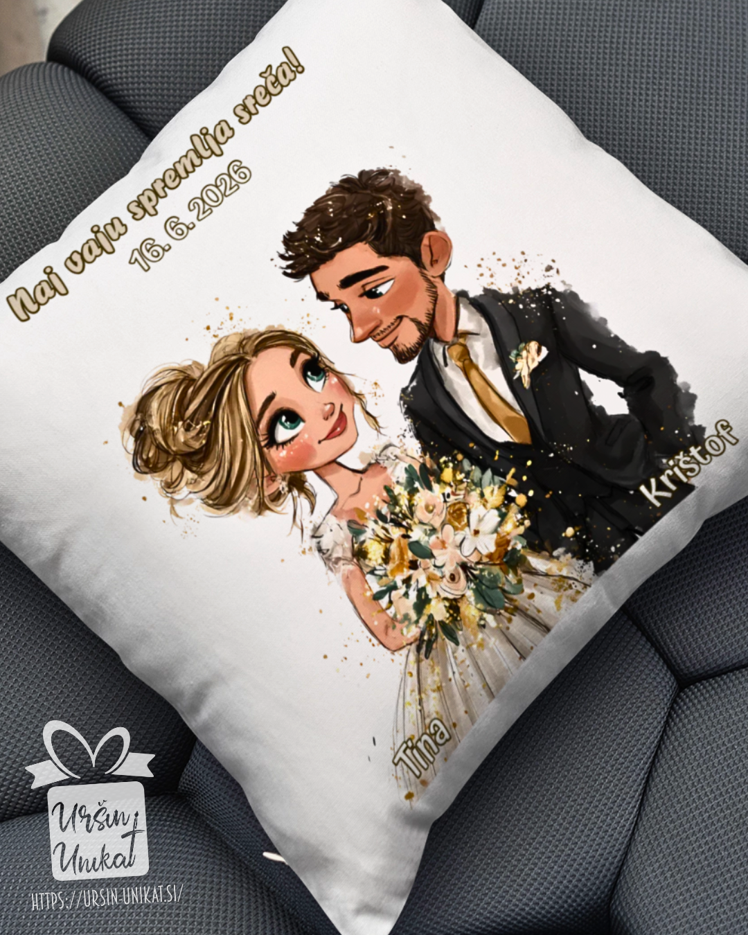 POROČNA BLAZINA - z napisom in ilustracijo po želji POROČNO DARILO ali DARILO ZA VALENTINOVO/OBLETNICO - z napisom po želji