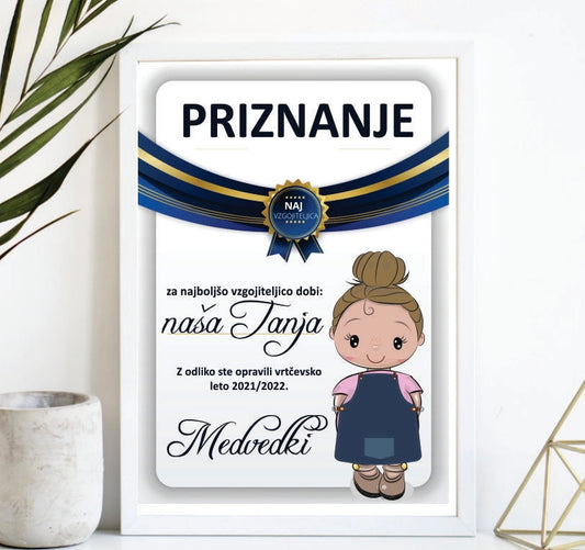 GRAFIKA - PRIZNANJE za VZGOJITELJICO - več možnosti