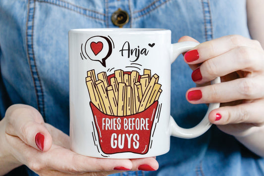 Keramična ali emajlirana skodelica "Fries before guys"