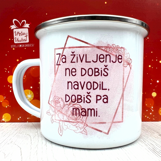 Emajliran lonček "Za življenje ne dobiš navodil” - rose gold