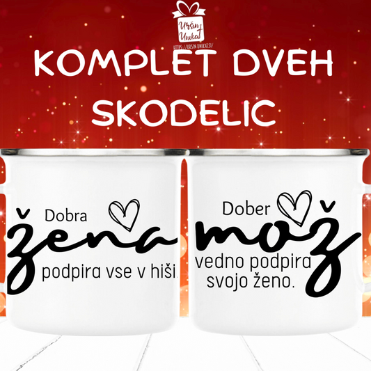 KOMPLET emajliranih in keramičnih skodelic - Dober mož, dobra žena.